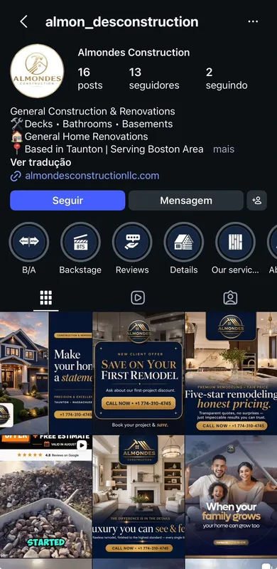 Perfil de Instagram da Almondes Construction, cliente da ROI